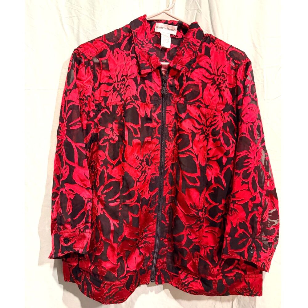 Draper’s & Damon’s Women’s XL Red Black Floral Sheer Zip Jacket Art to Wear NWOT